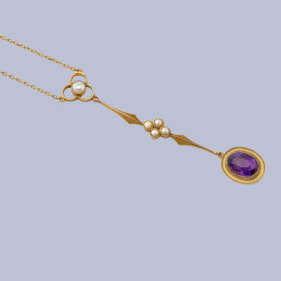 Edwardian Amethyst and Pearls Necklace En Trefoil 9ct Gold
