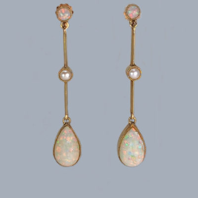 Edwardian Opal and Pearl Drop Earrings 15ct Gold
