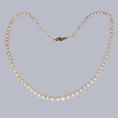 Vintage Single Strand Pearl Necklace Sapphire Clasp