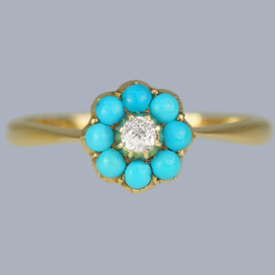 Victorian Turquoise Old Cut Diamond Cluster Ring