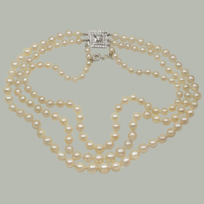 Pearl Necklace with Art Deco Diamond Clasp ca 1930s