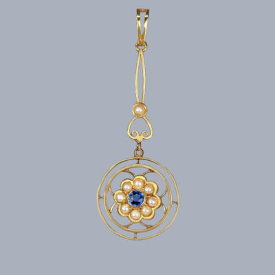 Edwardian Sapphire and Seed Pearl Pendant 15ct Gold