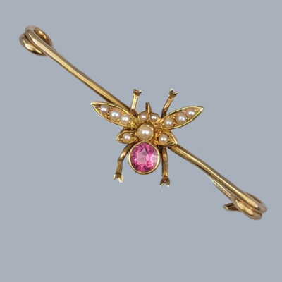 Victorian Bee Brooch 15ct Gold Pink Sapphire and Pearl