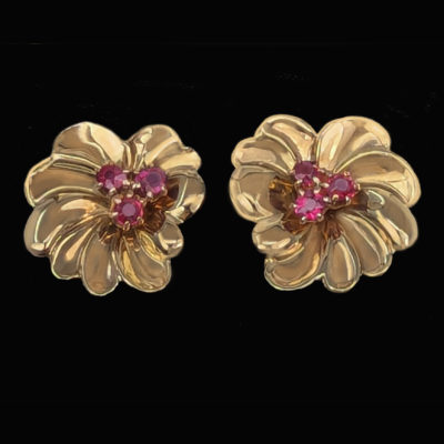 Vintage Floral Ruby Earrings 9ct Rose Gold