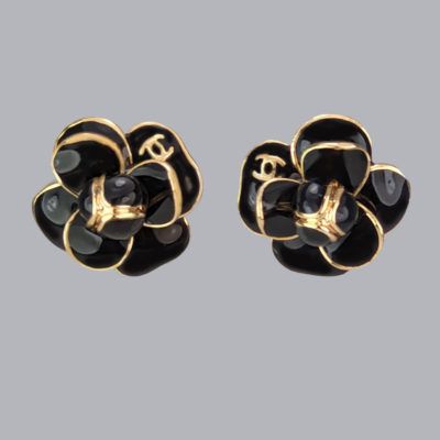 Chanel Camellia Black Enamel CC  Earrings