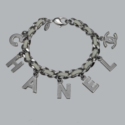 Chanel Logo Chain Bracelet Silver Tone and Leather CC Charm