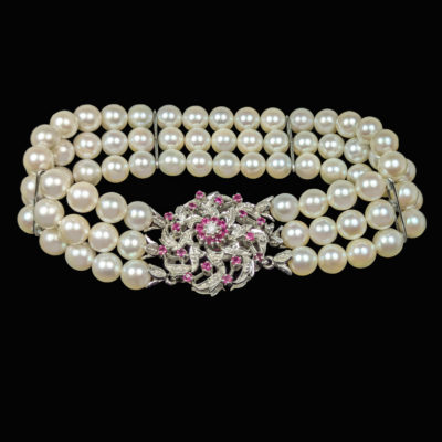 Vintage Pearl Bracelet Ruby Diamond Cluster Clasp