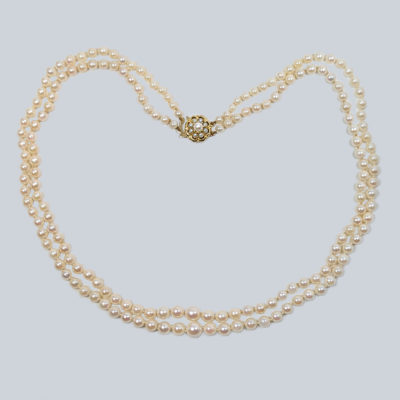 Vintage Pearl Necklace with Floral Clasp Two Strand