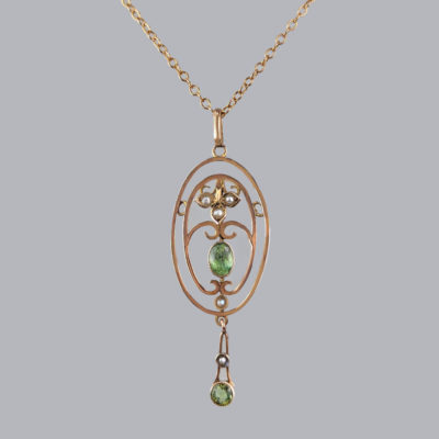 Edwardian Peridot and Pearl Pendant with Chain
