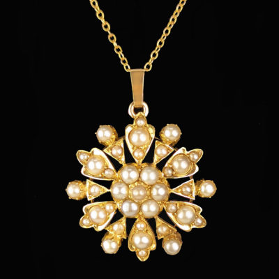 Victorian Pearl Pendant Brooch 9ct Gold Flowerhead