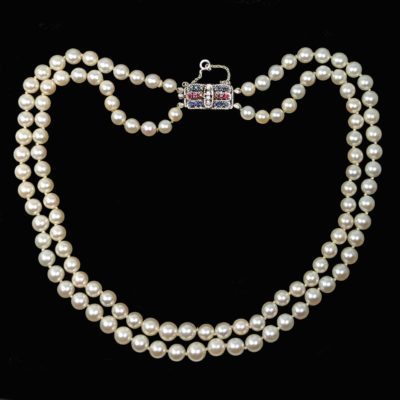 Pearl Necklace Diamond Ruby Sapphire 18ct Gold Clasp